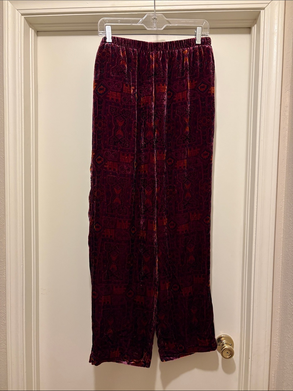 Coldwater Creek Velvet Wide-Leg Print Trousers in Burgundy and Rust